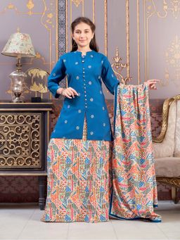 Aarika - Girls Teal Printed Embroidery Silk Kurti with Skirt & Dupatta