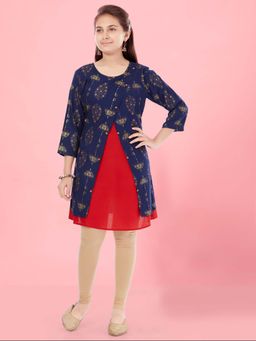 Aarika - Girls Navy Blue-Red Printed Kurta
