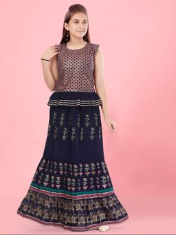 Aarika - Girls Navy Blue Printed Choli with Lehenga