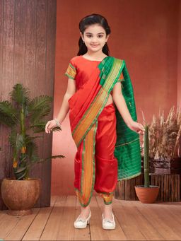 Aarika - Girls Red Ethnic Shree Nav Saree with Blouse