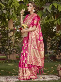 Akhilam - Womens Silk Blend Pink Woven Design Designer Saree with Unstitched Blouse