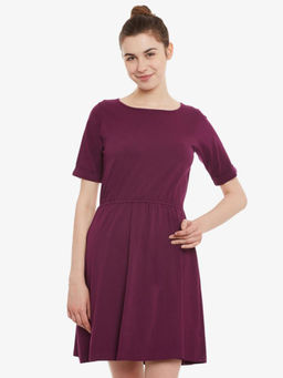 Miss Chase - Women's Magenta Solid Round Neck Half Sleeves MIni Skater Dress