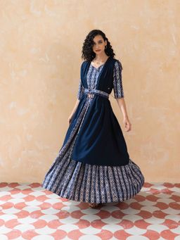 W - Blue Gathered Cape Ikat Printed Crop Top and Skirt (Set of 4)