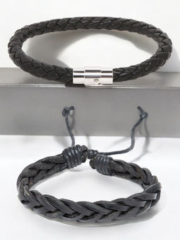 OOMPH - Black Braided Leather Handmade Wrap Fashion Bracelet (Pack of 2)