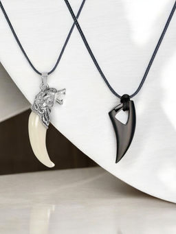 OOMPH - Black and White Pendant Necklace - Animal Tooth Design For Men (Pack of 3)