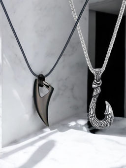 OOMPH - Black and Silver Pendant Necklace - Hook and Animal Tooth Design (Pack of 2)