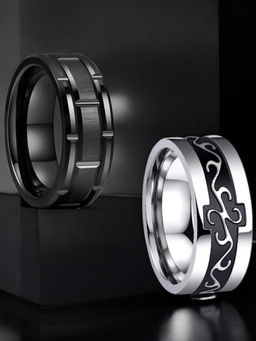 OOMPH - Black and Silver Stainless Steel Ring - Brick and Celtic Design (Pack of 2)