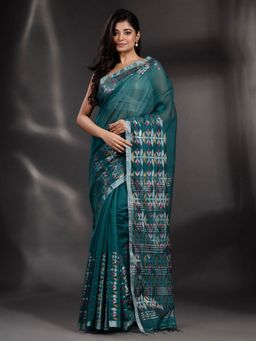 Arhi - Teal Blended Cotton Handwoven Saree with Unstitched Blouse