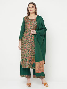 Safaa - Women Winter Wear Rayon Acro Wool Kurta And Palazzo Unstitched Material With Dupatta-Green