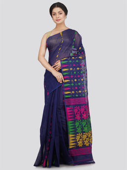 PinkLoom - Womens Soft Cotton Blend Jamdani Saree without Blouse -Blue