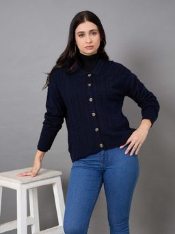 Club York - Navy Blue Self Design Regular Fit Sweater