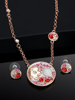 Estele - Gold Plated Round Shaped Pendant Necklace With Crystals for Women (Set of 2)