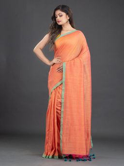 Arhi - Fire Peach Pure Cotton Handwoven Soft Dual Tone Saree with Unstitched Blouse