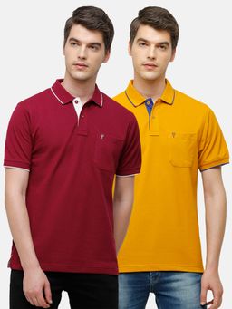 Classic Polo - Men Solid Red & Mustard Cotton Blend Regular Fit Polo T-Shirts (Pack of 2)