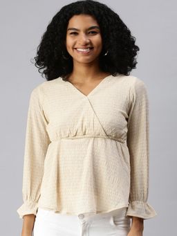 SHOWOFF - Women V-Neck Bell Sleeves Self Design Beige Top