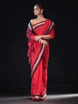 Beatitude - Red Cotton Woven Saree with Unstitched Blouse