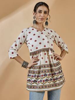 WineRed - Women Angrakha Ethnic Print Off White Tunic