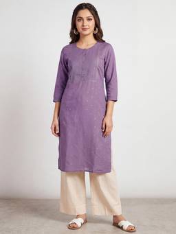 R&B - Women Dusty Purple Round Neck 3/4 Sleeves Pintuck Straight Kurta