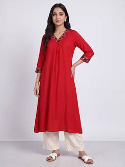 R&B - Women Red Floral Embroidered V-Neck Three-Quarter Sleeve A-Line Kurta