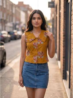 Vastara TheLabel - Lotus Block Print Mustard Crop Top