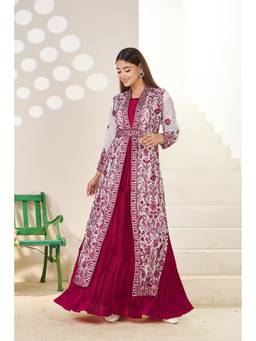 Miss Ethnik - Maroon Chinon Solid Maxi Dress with Jacket