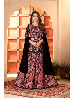 Miss Ethnik - Black Chinon Embroidered Maxi Dress with Dupatta