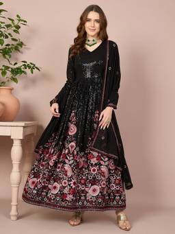 Miss Ethnik - Black Faux Georgette Embroidered Maxi Dress with Dupatta