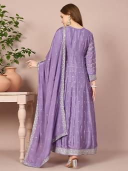 Miss Ethnik - Purple Chinon Embroidered Maxi Dress with Dupatta