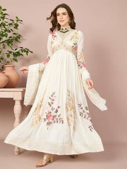 Miss Ethnik - Off White Vichitra Silk Embroidered Maxi Dress with Dupatta
