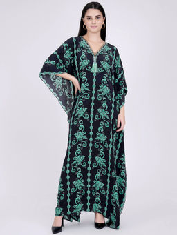 First Resort by Ramola Bachchan - Black And Green Ivy Embellished Silk Full Length Kaftan