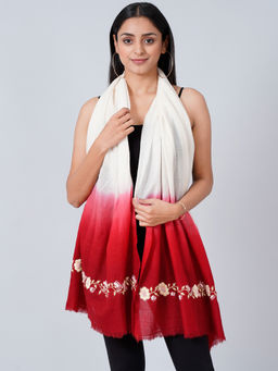 First Resort by Ramola Bachchan - White And Maroon Hand Embroidered Colour Block Scarf