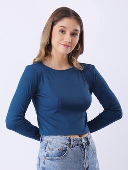 ANVI Be Yourself - Women Solid Blue Boat Neck Long Sleeve Ribbed Crop Top