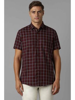 Louis Philippe - Men Maroon Slim Fit Check Half Sleeves Casual Shirt