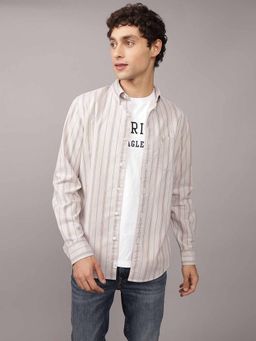 American Eagle - Men Beige Striped Slim Fit Oxford Button-Up Shirt