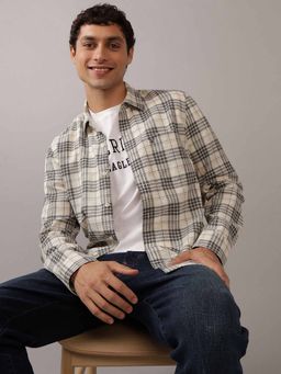 American Eagle - Men Beige Ae Slim Fit Everyday Plaid Linen-Blend Button-Up Shirt
