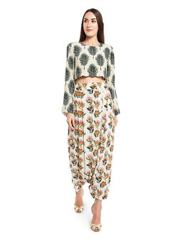 Payal Singhal - Cream Printed Crepe Crop Top With Low Crotch Pant (Set of 2)