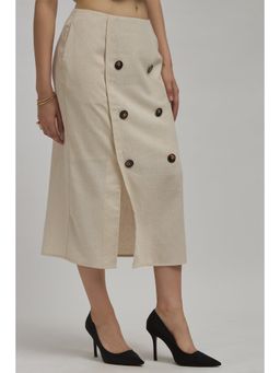Virgio - Women's Cream Viscose Blend Straight Midi Solid/Plain Mid Waist Skirt
