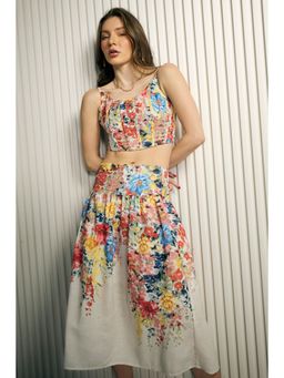 Virgio - Women's Polyester Gathered Midi Floral Print Mid Waist Skirt