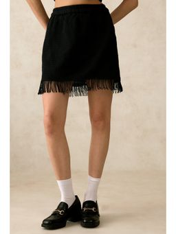 Virgio - Women's Black Cotton Regular Mini Self Design High Waist Skirt