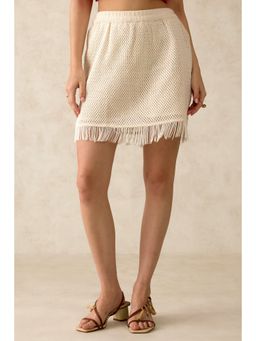 Virgio - Women's White Cotton Regular Mini Self Design High Waist Skirt