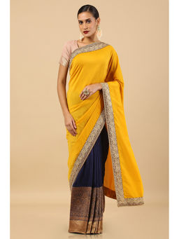 Soch - Mustard Tussar Solid Saree with Unstitched