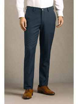 Louis Philippe - Men Blue Solid Flat Front Formal Trouser
