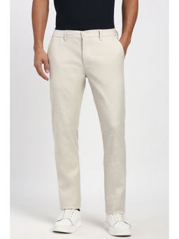 Peter England - Men Cream Textured Slim Fit Casual Trouser