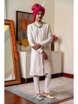 Philocaly - Rekh White Sherwani Kurta with Trouser and Stole