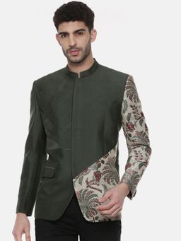 MAYANK MODI - Green Chanderi Silk Floral Bandhgala