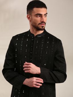 MAYANK MODI - Black Bemberg Mirror Work Embroidered Bandhgala