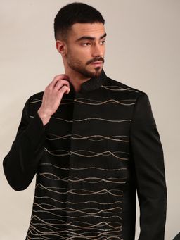 MAYANK MODI - Black Bemberg Thread Work Embroidered Bandhgala