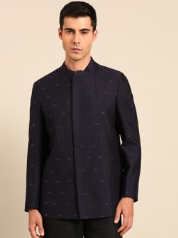 MAYANK MODI - Navy Blue Cotton Silk Stripes Bandhgala