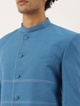 MAYANK MODI - Blue Cotton Solid Bandhgala