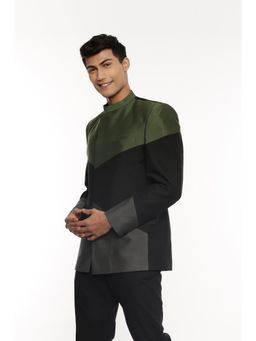 MAYANK MODI - Green Cotton Silk Tri Colorblock Bandhgala